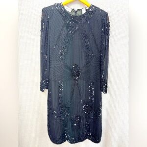 Vtg Lillie Rubin Black Sequin 100% Silk Black Midi Evening Cocktail Dress Small